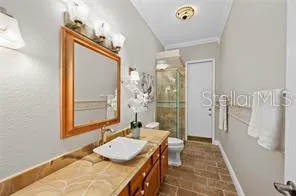 a bathroom with a granite countertop sink a mirror and a shower