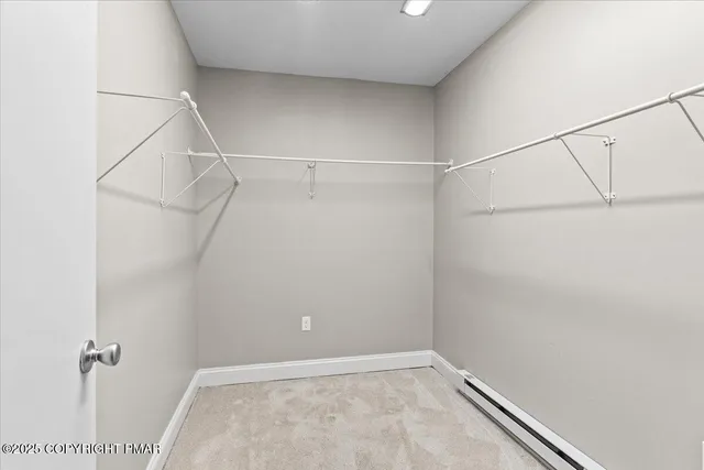 a view of an empty room with closet and windows