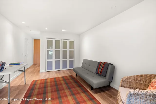 a living room with furniture and a rug