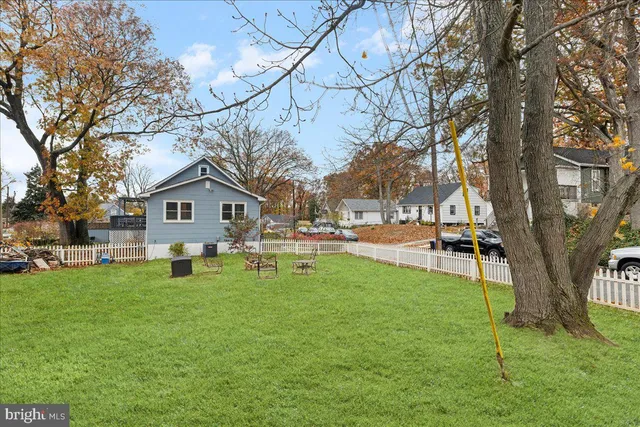 a backyard of a house with table and chairs