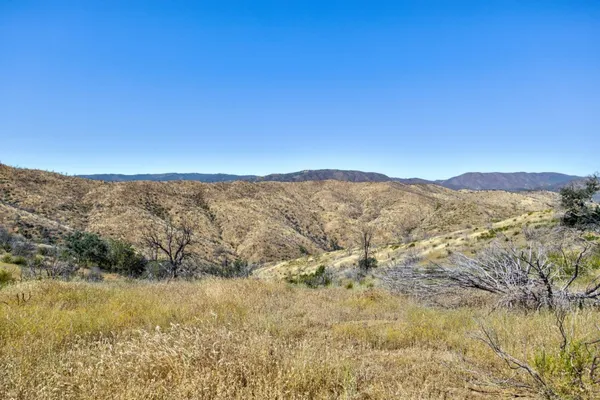 a view of a dry field with mountains in the background