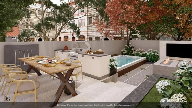 a terrace with outdoor seating and trees