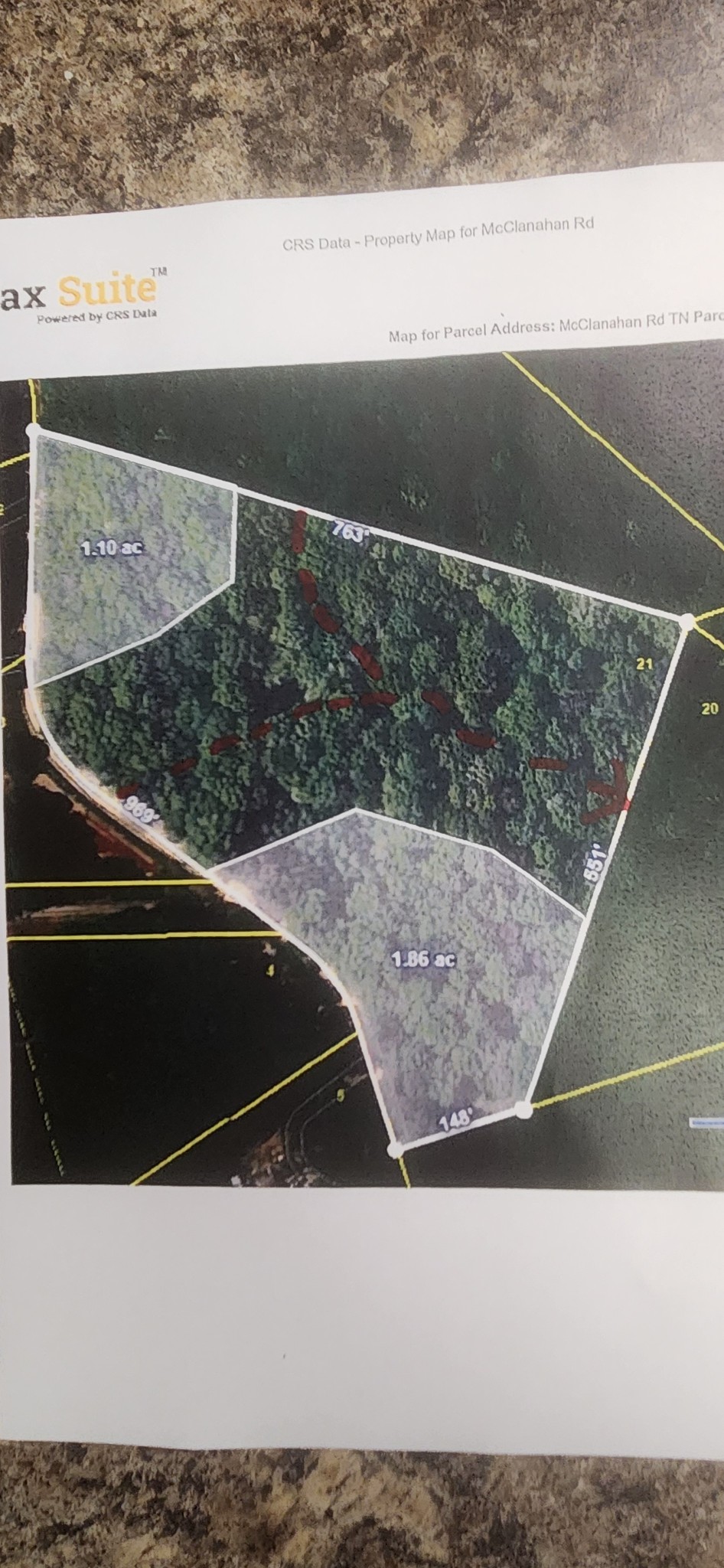 0 Mcclanahan Road Only, TN 37140 - Photo 7 of 12 Highlighted areas are buildable areas. The red dotted lines are showing where the center of the hollow/swag is located.