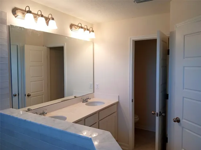 a bathroom with a sink vanity and mirror