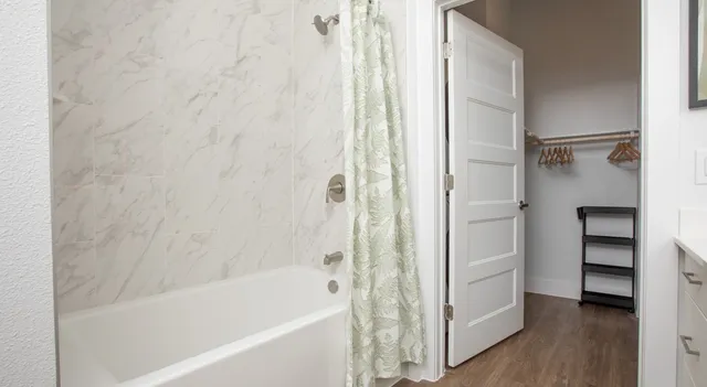 a bathroom with a bathtub and a shower