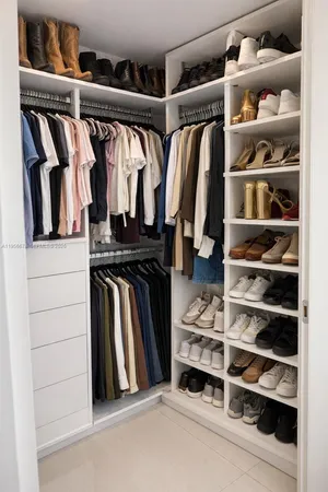 a view of walk in closet with clothes and shoes