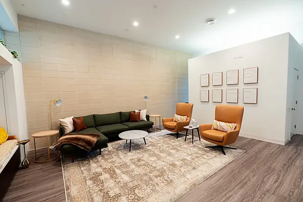 a living room with furniture and a rug