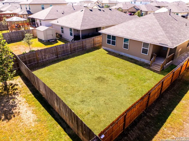 an aerial view of a swimming pool