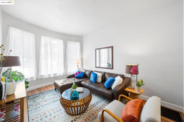 a living room with furniture and a potted plant