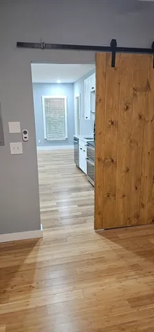 a view of a hallway with wooden floor and cabinet