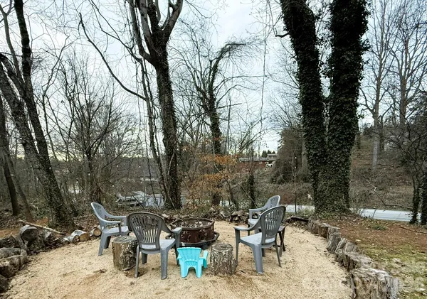 a view of a backyard with a large tree