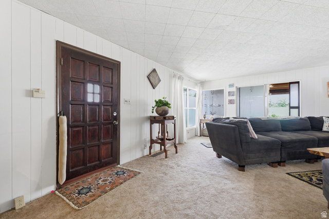 365 North Main Street Fillmore, UT 84631 - Photo 16 of 51 Interior space featuring a paneled entry door, white vertical plank walls, light-colored carpet, and large windows