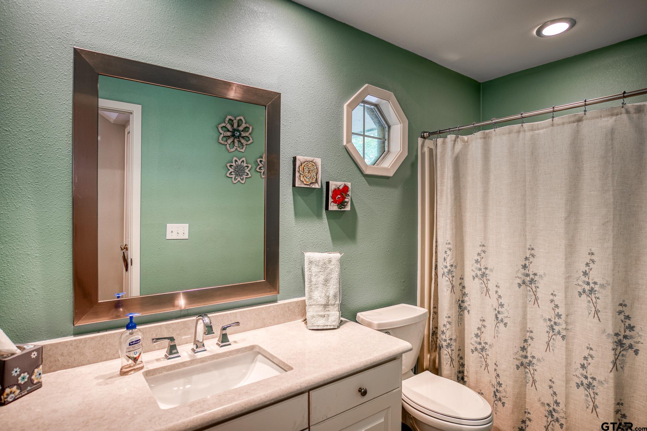 17553 Sleepy Hollow Way Flint, TX 75762 - Photo 23 of 41 a bathroom with a granite countertop toilet sink and mirror