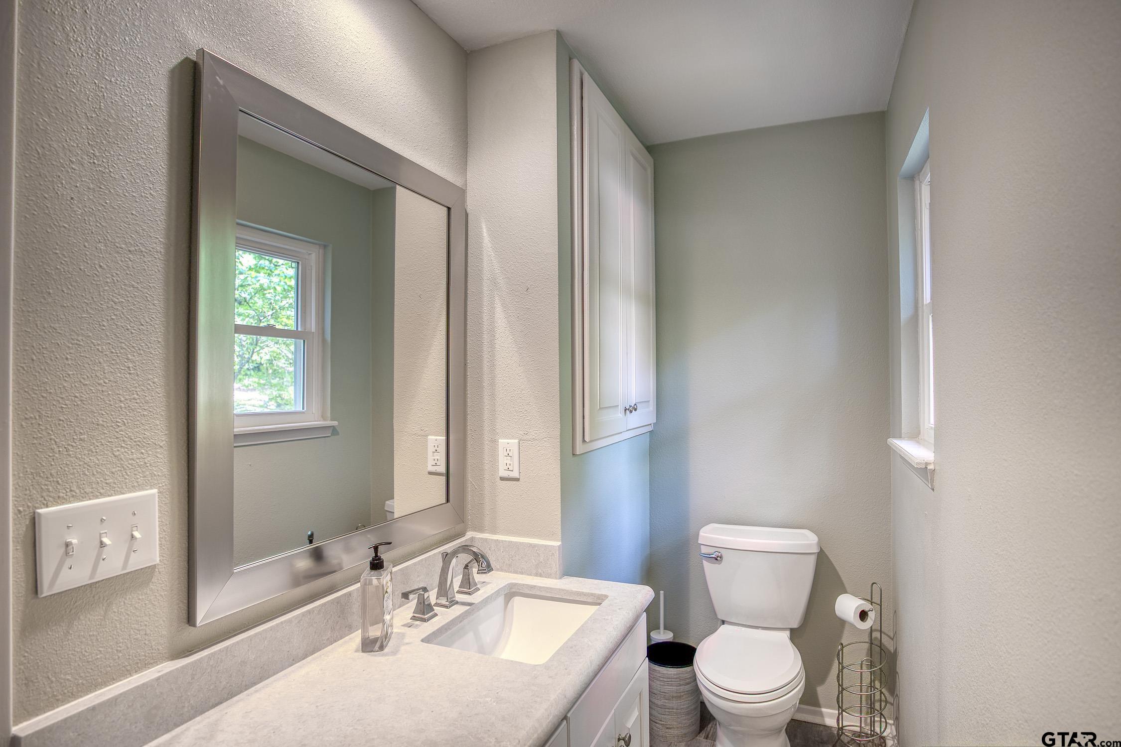 17553 Sleepy Hollow Way Flint, TX 75762 - Photo 30 of 41 a bathroom with a toilet a sink a mirror and a window