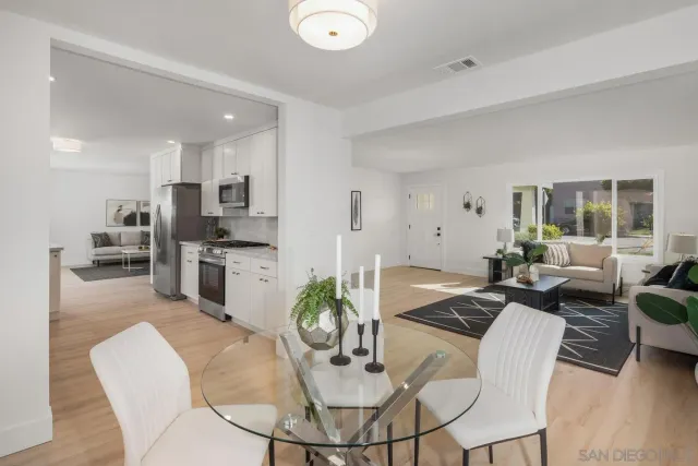 a view of a dining room with furniture