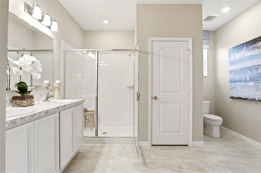 740 Rioja Drive Minneola, FL 34715 - Photo 24 of 33 a bathroom with a granite countertop sink a toilet and shower