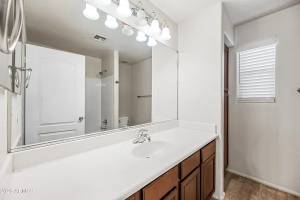 a bathroom with a sink a large mirror and a shower