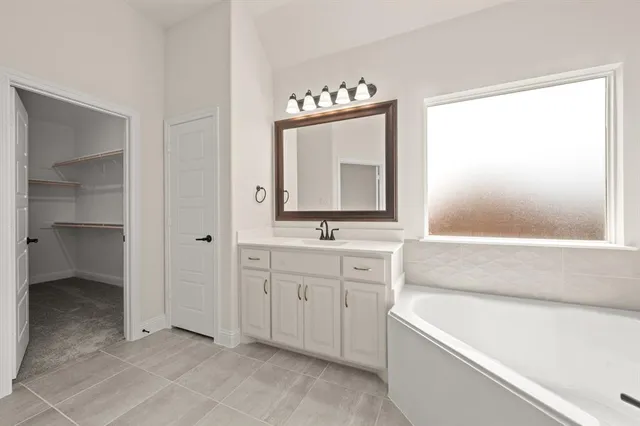 a bathroom with a tub sink and mirror