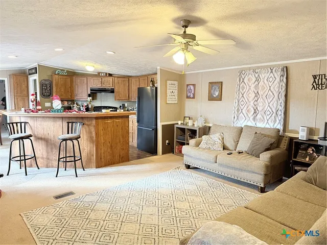 a living room with furniture and a dining table with kitchen view
