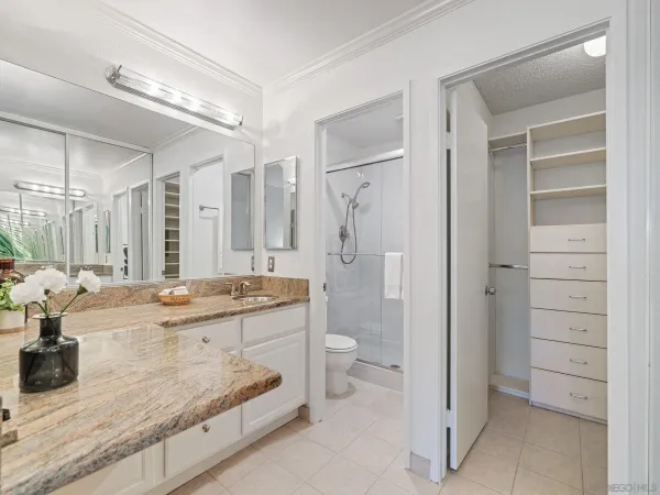 a bathroom with a granite countertop sink a toilet and shower