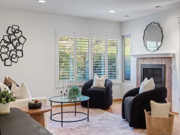 a living room with furniture and a fireplace