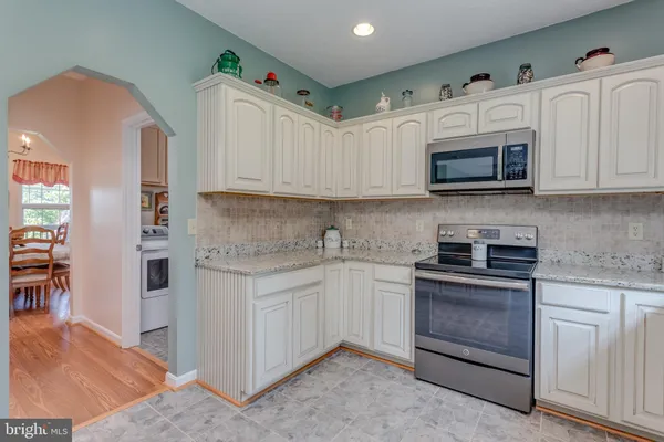 a view of a dining room with furniture