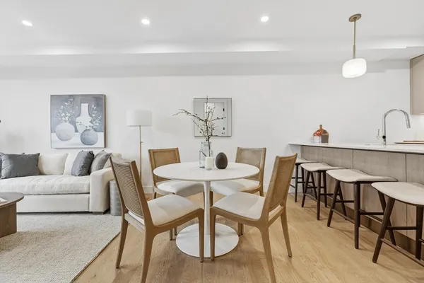 a view of a dining room with furniture