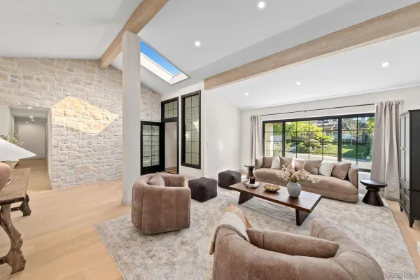 a living room with furniture and potted plant