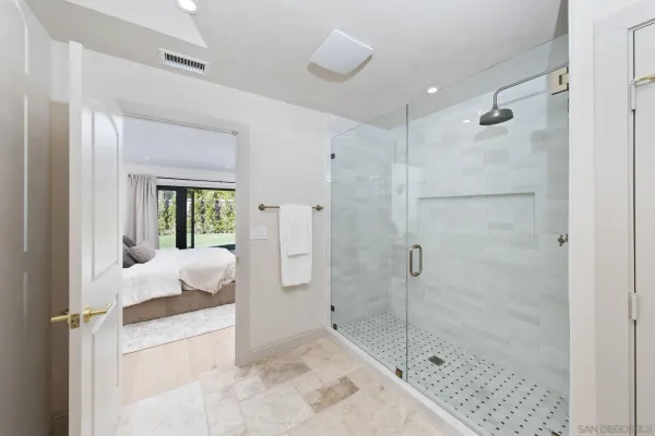a bathroom with a granite countertop sink a large mirror and a potted plant