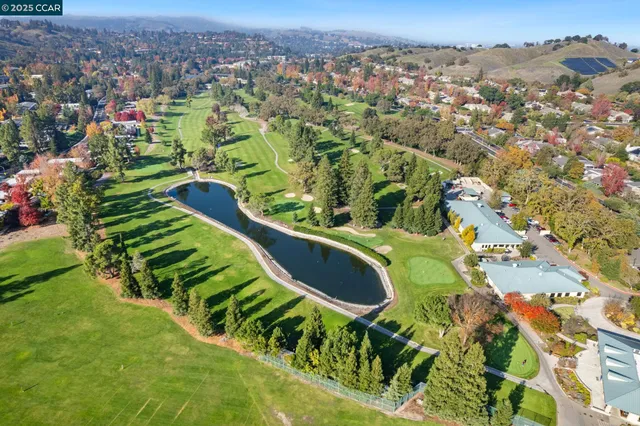 an aerial view of residential houses with outdoor space and trees