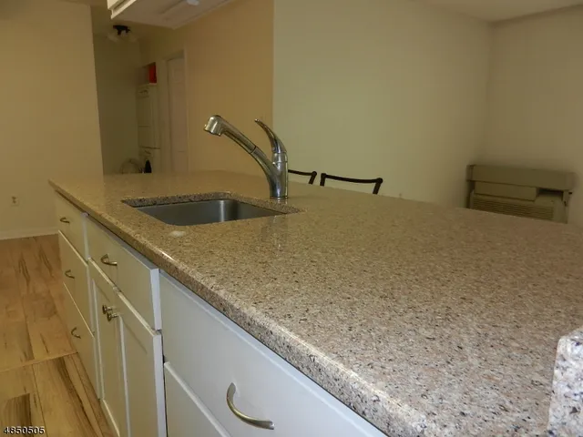 a kitchen with a sink and a wooden floor