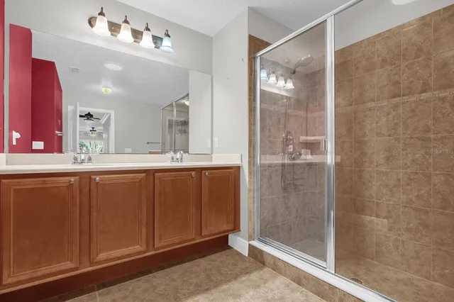 a bathroom with a shower sink and mirror