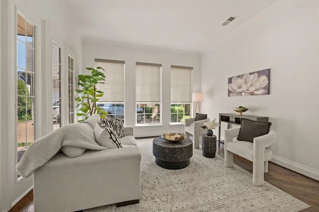 a living room with furniture a couch and a potted plant