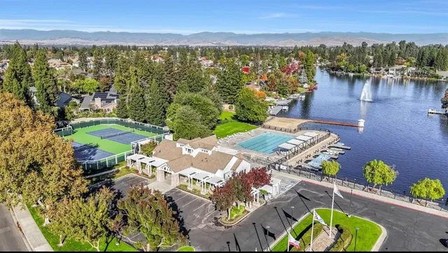 a view of a city with furniture