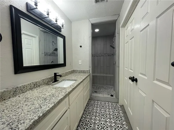 a bathroom with a granite countertop sink a mirror and shower
