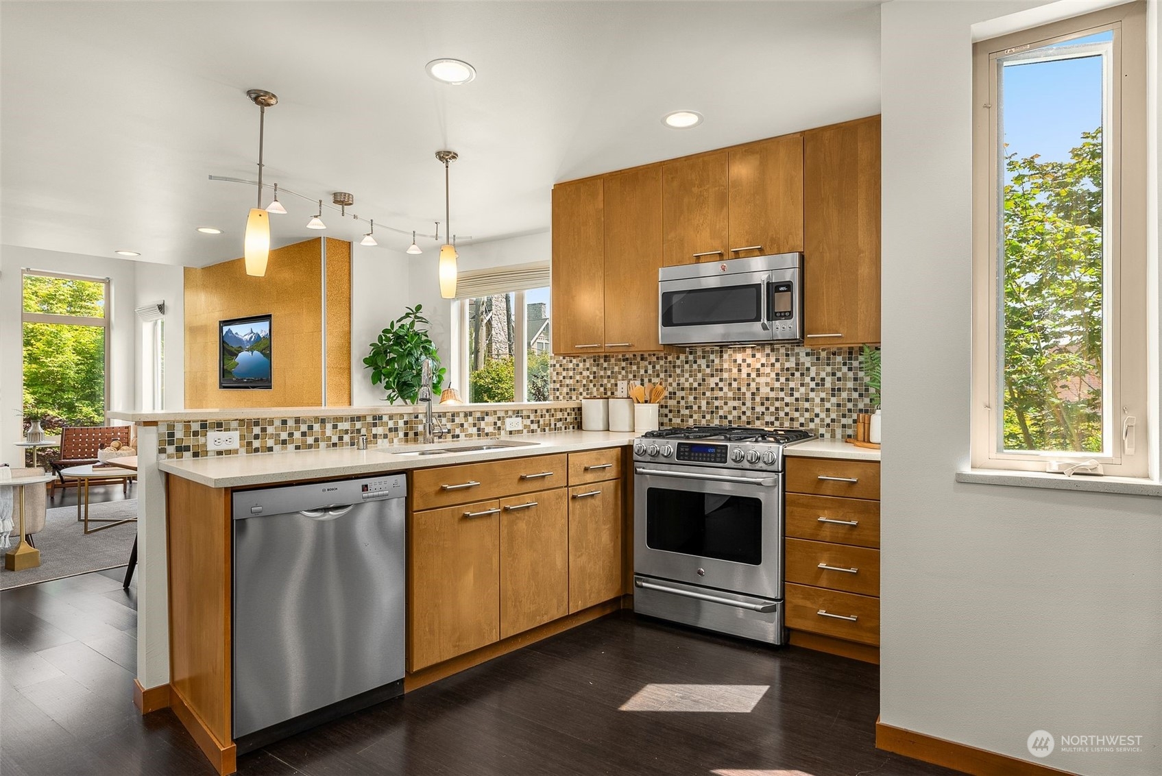 723 North 42nd Street Seattle, WA 98103 - Photo 18 of 27 a kitchen with stainless steel appliances granite countertop a stove and a sink