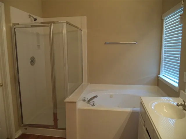 a bathroom with a tub a sink and a shower