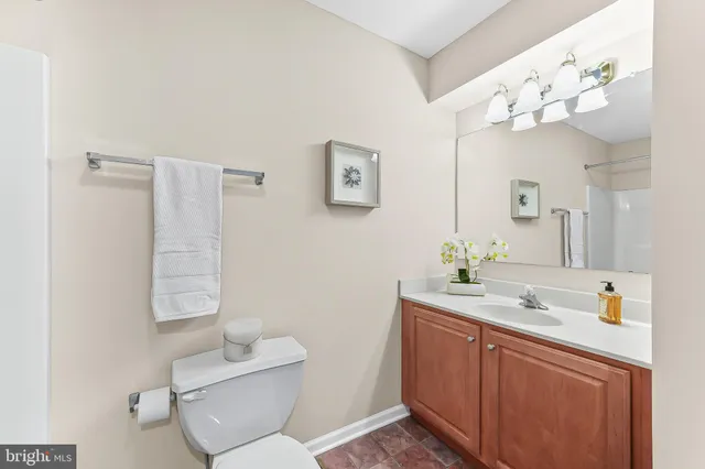 a bathroom with a sink a toilet and mirror