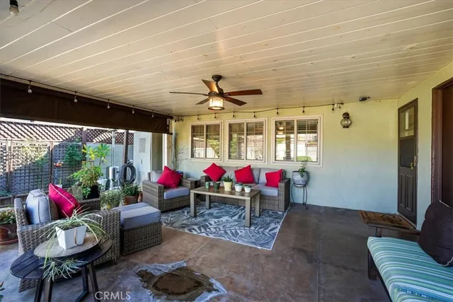 a living room with furniture and a potted plant