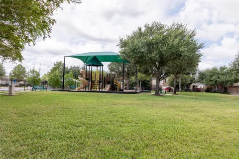 a view of a park with large trees