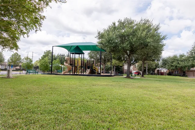a view of a park with large trees