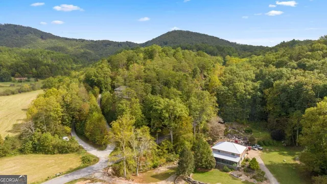 a view of a mountain with a yard