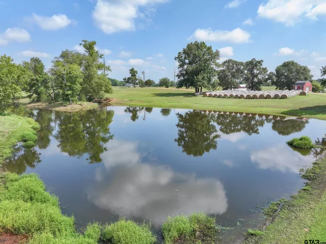 an aerial view of a house with a yard and lake view