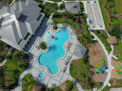 an aerial view of a swimming pool
