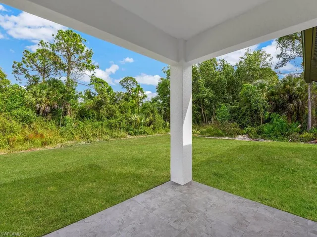 a view of a garden with a large tree