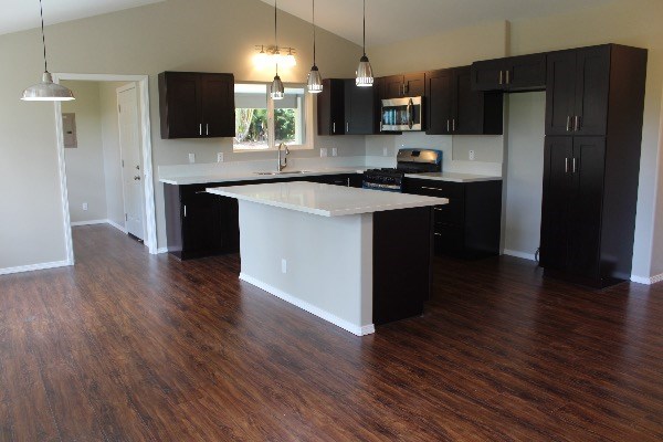 18-7857 Kaniela Road Mountain View, HI 96771 - Photo 7 of 24 a kitchen with stainless steel appliances granite countertop a refrigerator a stove top oven a sink and dishwasher with wooden floor