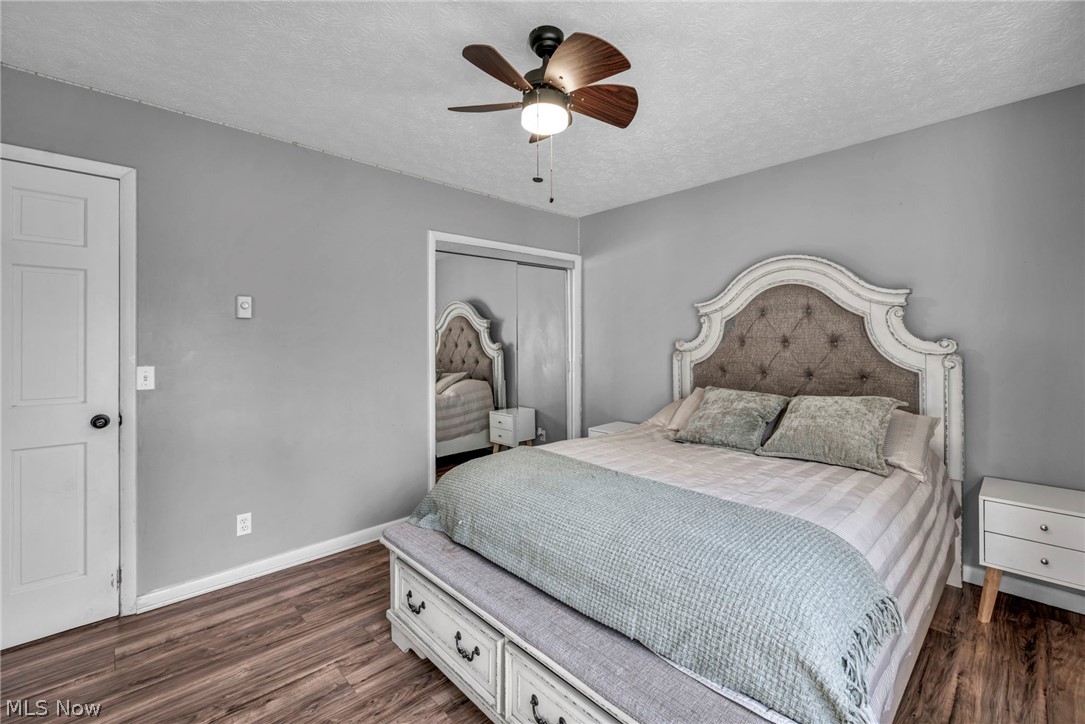 54 Park Road Painesville, OH 44077 - Photo 12 of 38 Bedroom with a textured ceiling, a ceiling fan, dark wood-type flooring, and a closet