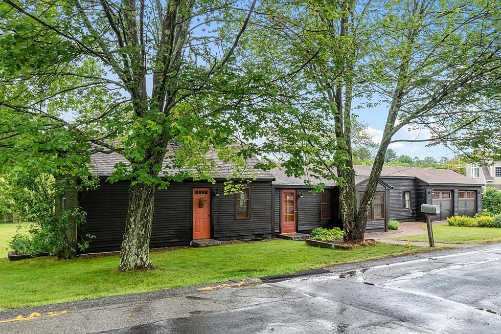 a view of a house with a yard and large tree