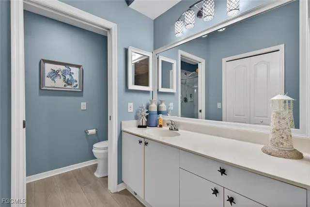 a bathroom with a sink a toilet and mirror