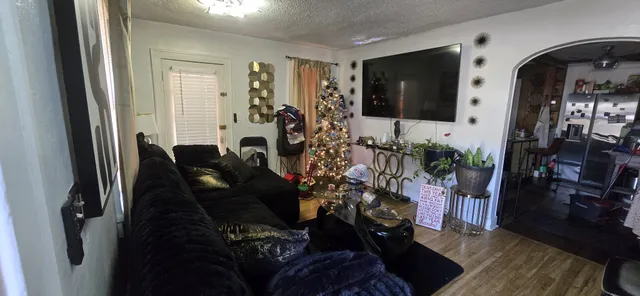 a living room with furniture a flat screen tv and a window